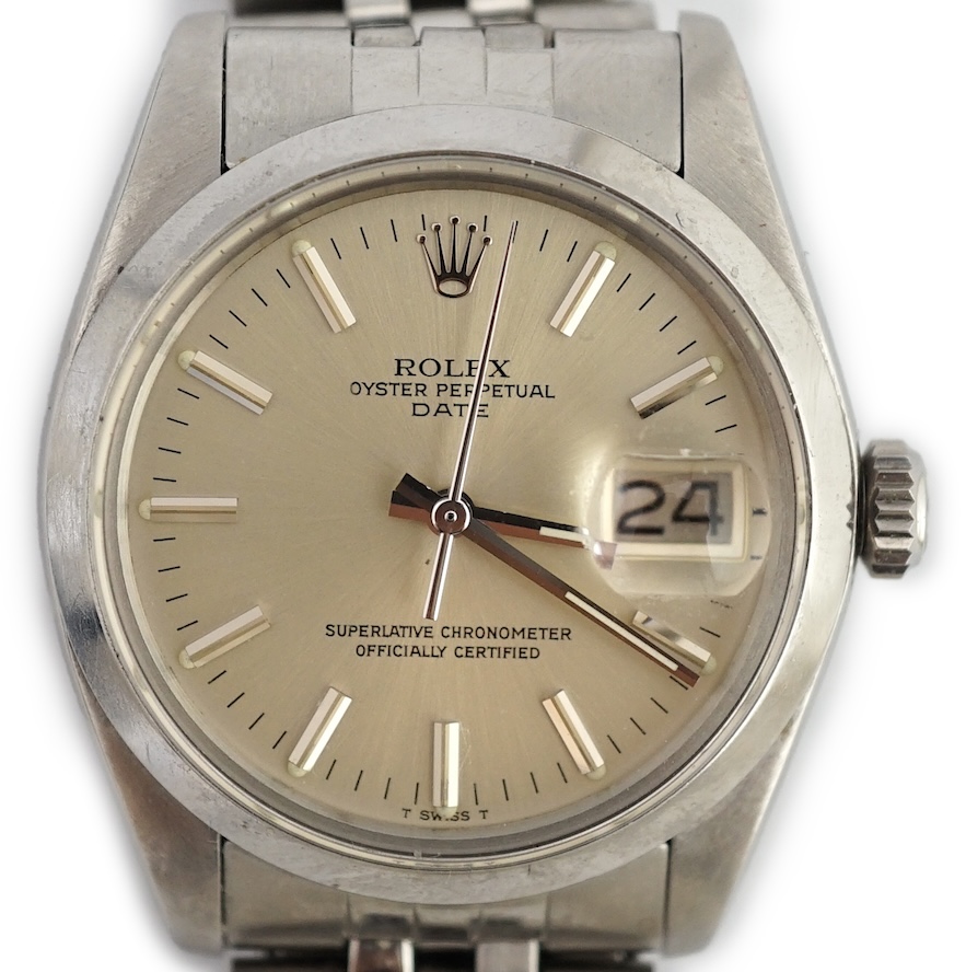 A gentleman's late 1970's/early 1980's stainless steel Rolex Oyster Perpetual Date wrist watch, on a stainless steel Rolex bracelet